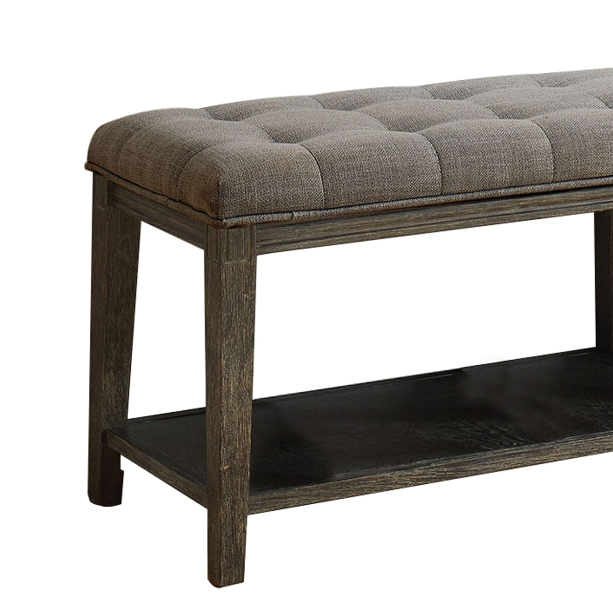 Traditional Bench with Button Tufted Seat and Open Bottom Shelf in Gray - BM208035