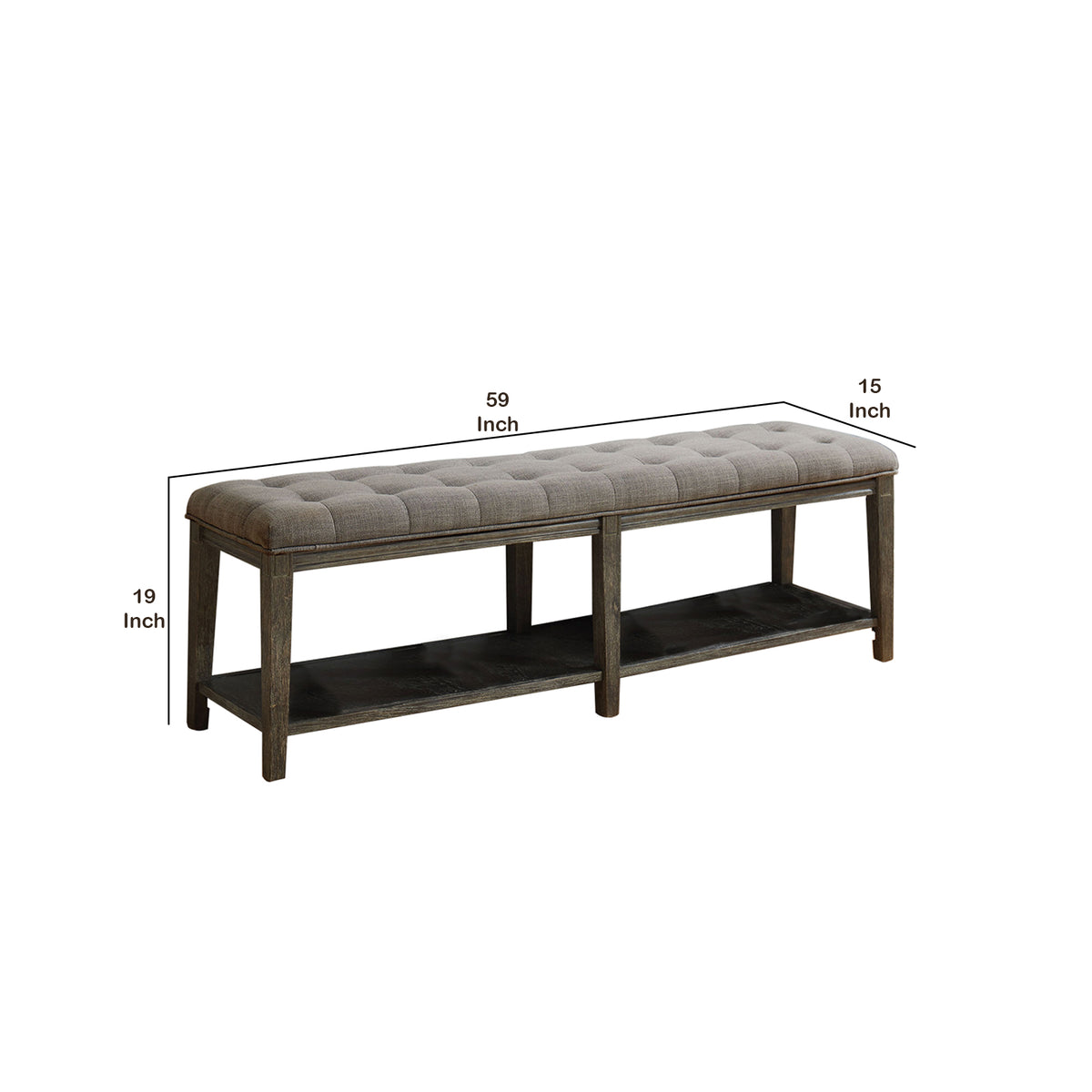 Traditional Bench with Button Tufted Seat and Open Bottom Shelf in Gray - BM208035