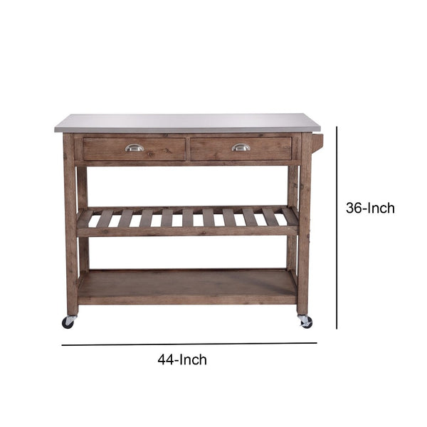 2 Drawers Wooden Kitchen Cart with Metal Top and Casters, Gray and Brown - BM209090