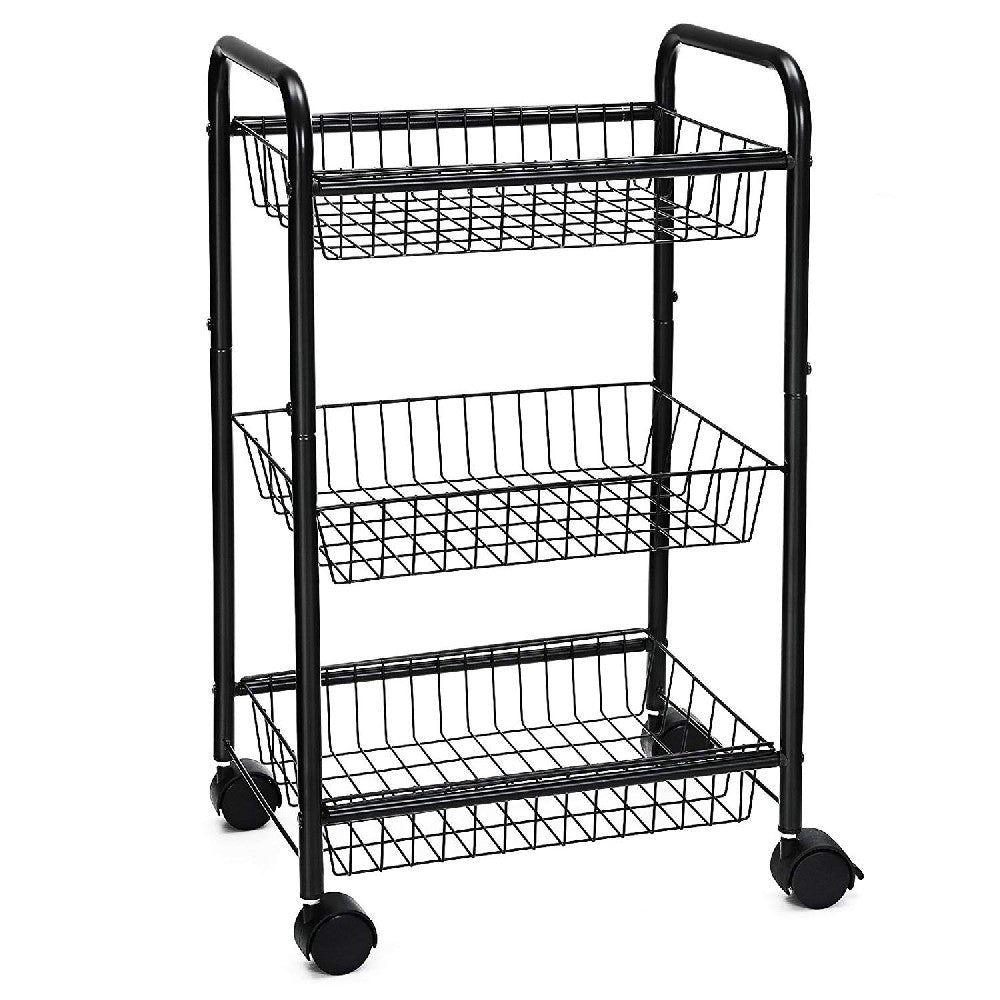 3 Tier Metal Frame Kitchen Cart with Casters and Grid Details, Black - BM209158