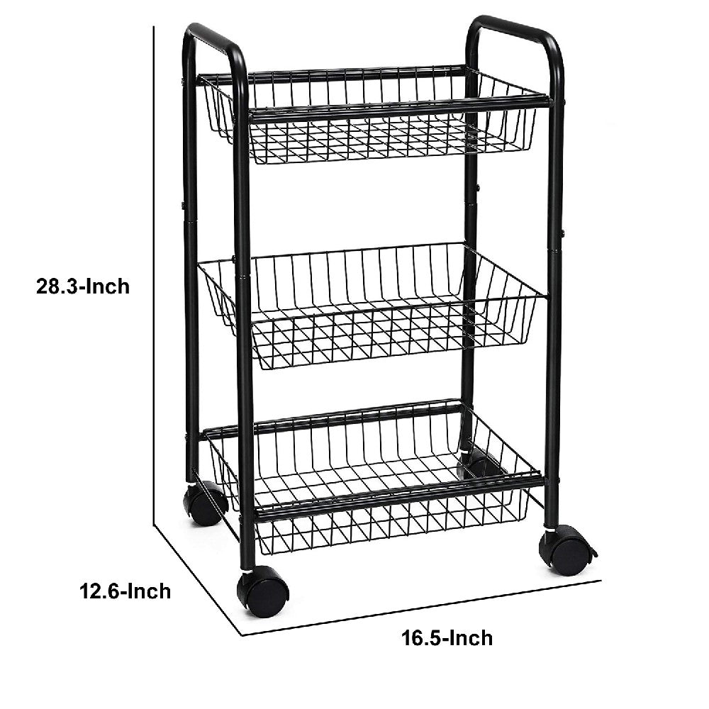 3 Tier Metal Frame Kitchen Cart with Casters and Grid Details, Black - BM209158