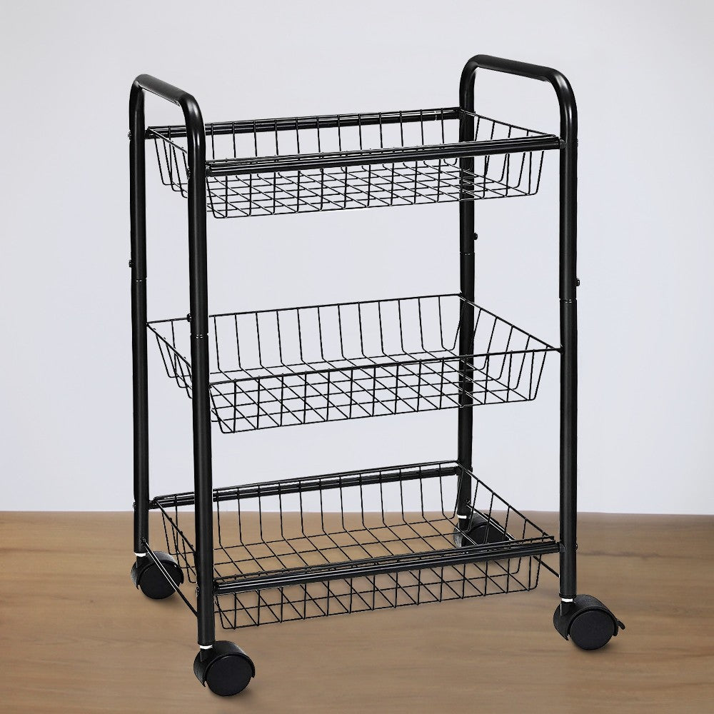 3 Tier Metal Frame Kitchen Cart with Casters and Grid Details, Black - BM209158