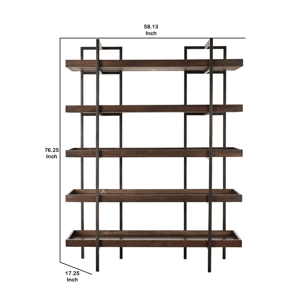 Bookcase with 5 Fixed Wooden Shelves and Metal Frame in Brown and Black - BM209257