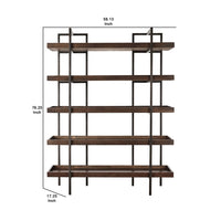 Bookcase with 5 Fixed Wooden Shelves and Metal Frame in Brown and Black - BM209257