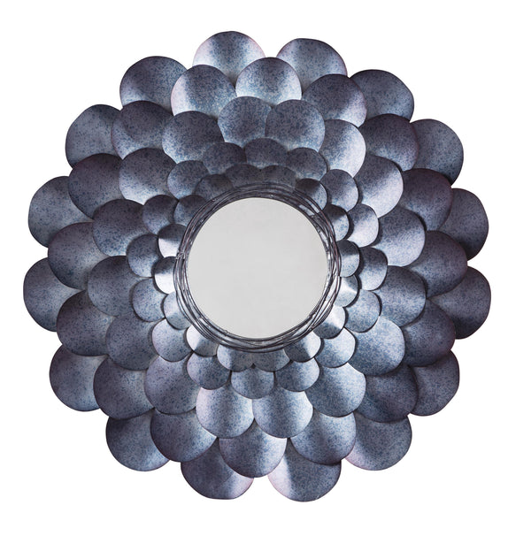 Round Metal Accent Mirror with Blooming Flower Shape in Blue and Silver - BM209357