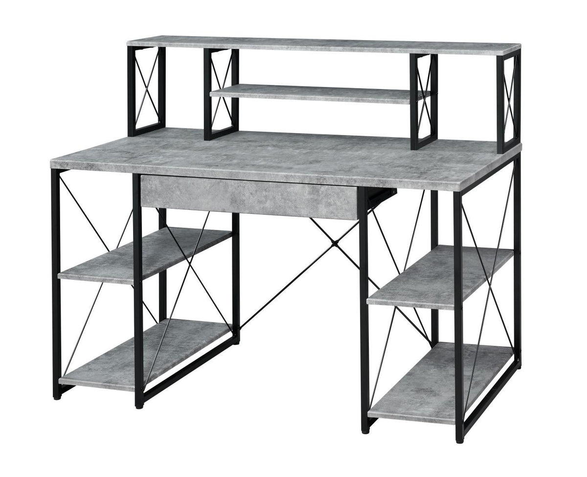 Metal Desk with 4 Open Bottom Shelves and Bookcase Hutch in Gray and Black - BM209610