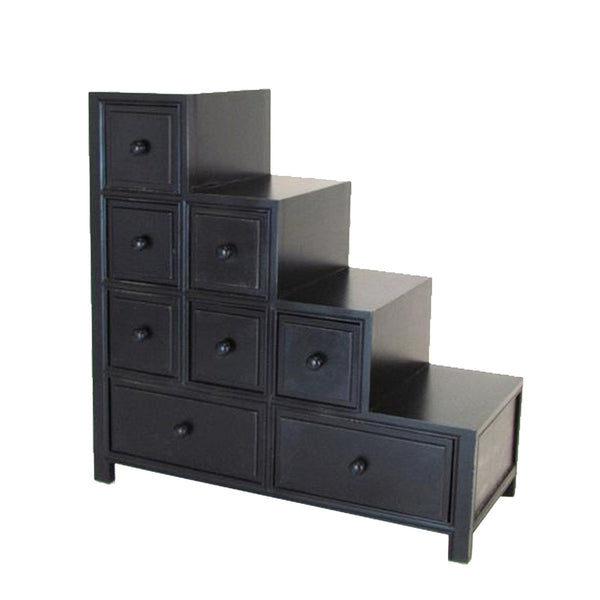 Wooden Frame Reversible Step Chest with 8 Drawers, Antique Black - BM210158