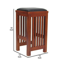 24 Inch Faux Leather Upholstered Wooden Backless Barstool, Oak Brown - BM210426