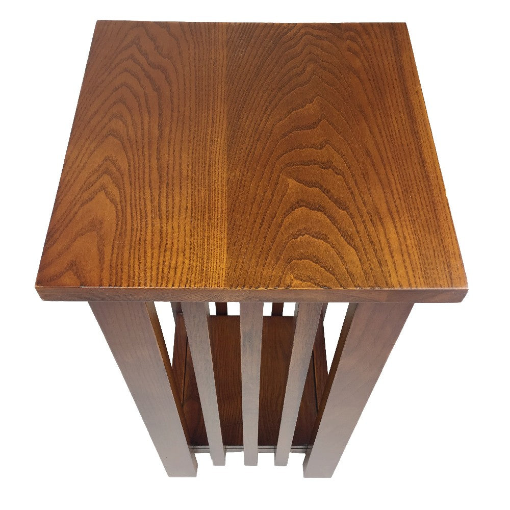 25 Inch Wooden Flower Stand with Slatted Sides and Bottom Shelf, Brown - BM210436