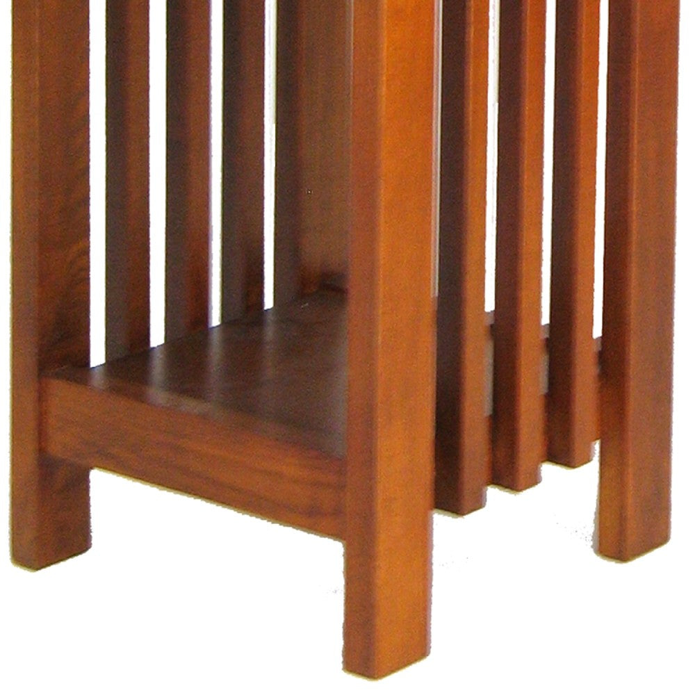 25 Inch Wooden Flower Stand with Slatted Sides and Bottom Shelf, Brown - BM210436