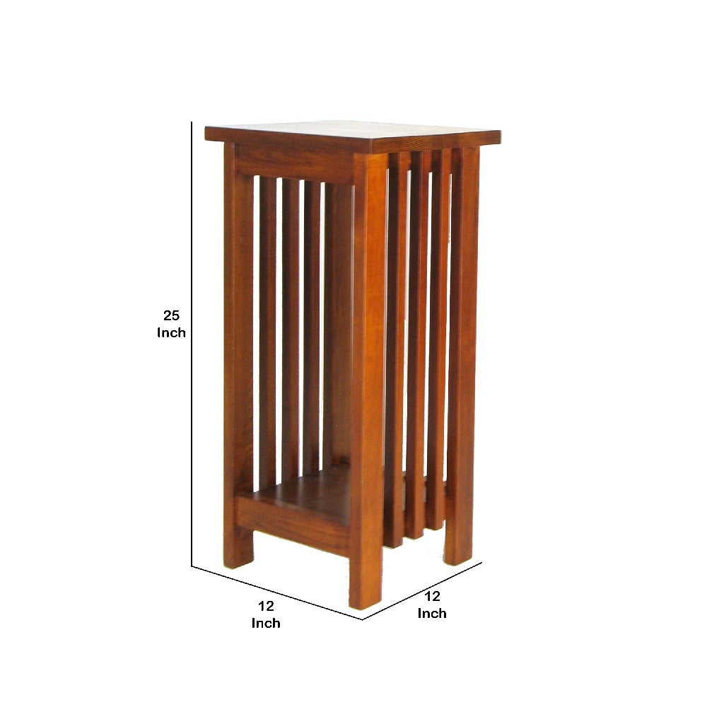 25 Inch Wooden Flower Stand with Slatted Sides and Bottom Shelf, Brown - BM210436