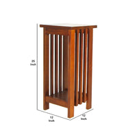 25 Inch Wooden Flower Stand with Slatted Sides and Bottom Shelf, Brown - BM210436