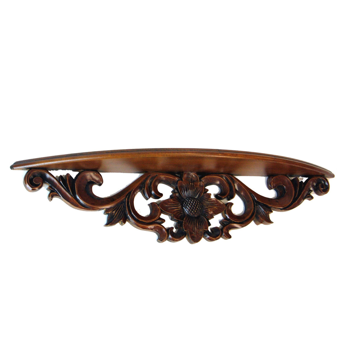 Hand Carved Wooden Floating Wall Shelf in Floral Design, Brown - BM210438