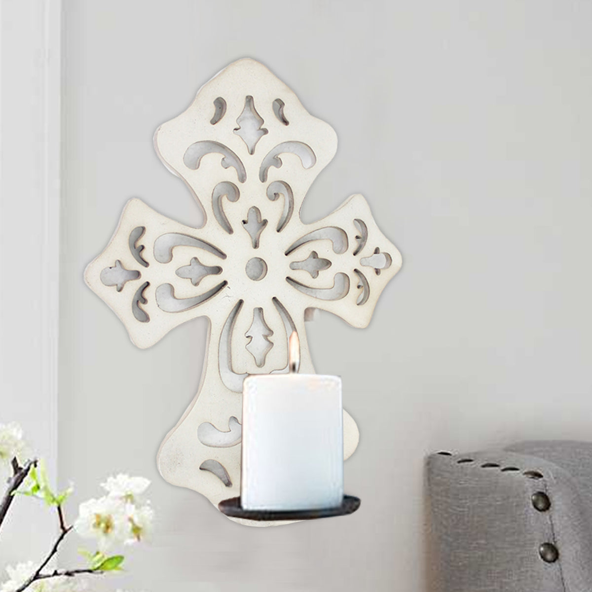 Cross Shaped Wooden Candle Holder with Scrolled Engravings, White - BM211079