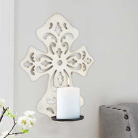 Cross Shaped Wooden Candle Holder with Scrolled Engravings, White - BM211079