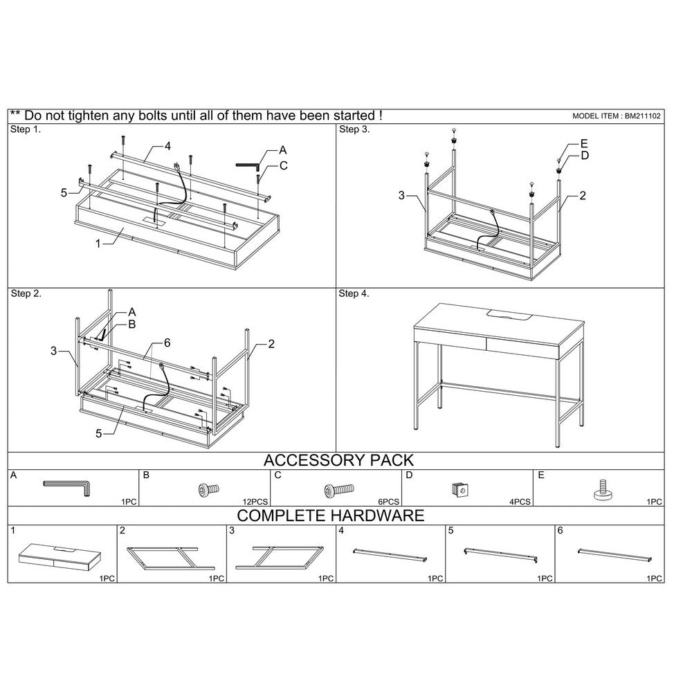Wooden Desk with 2 Drawers and Metal Frame in Washed White and Black - BM211102