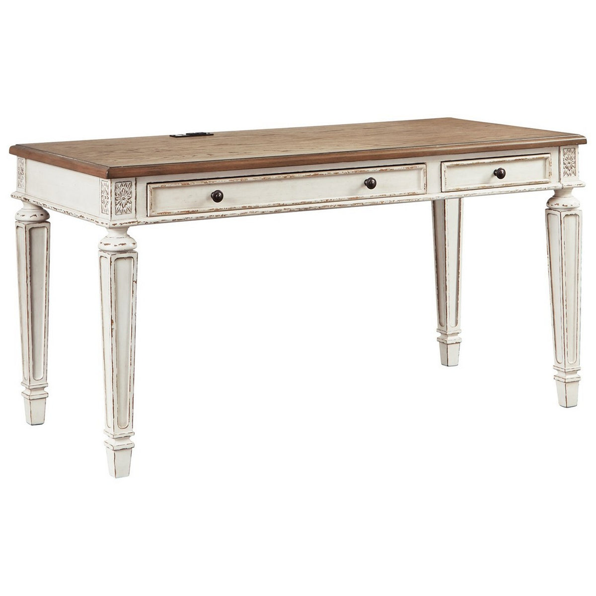 Transitional Wooden Office Desk with Carvings and Drawers, White and Brown - BM213260