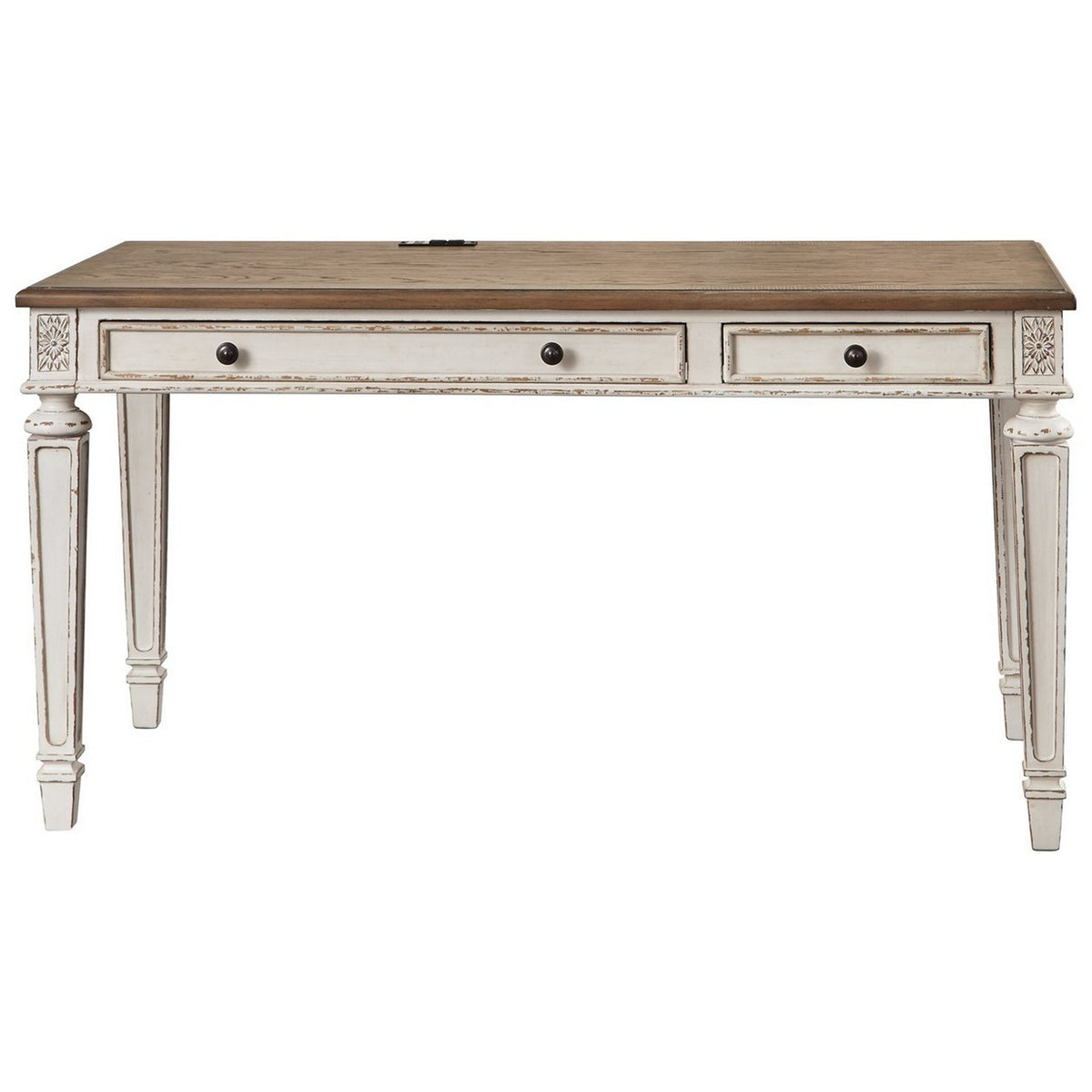 Transitional Wooden Office Desk with Carvings and Drawers, White and Brown - BM213260