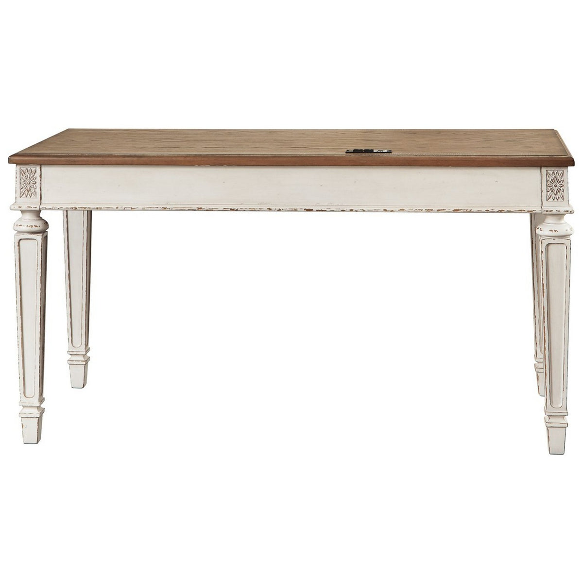 Transitional Wooden Office Desk with Carvings and Drawers, White and Brown - BM213260