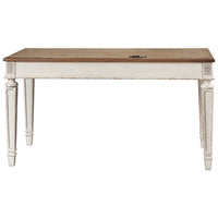 Transitional Wooden Office Desk with Carvings and Drawers, White and Brown - BM213260