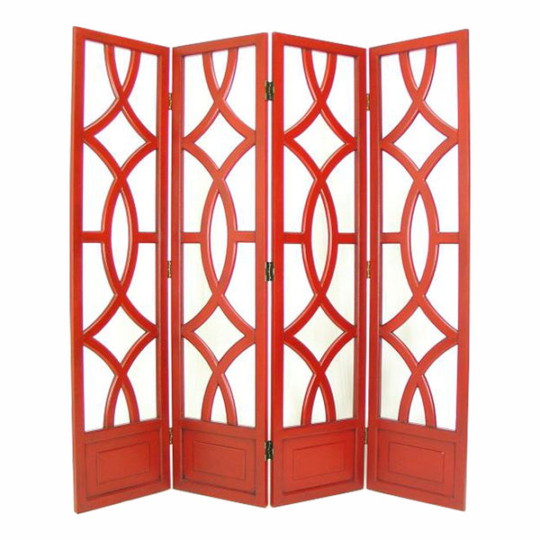 Wooden 4 Panel Room Divider with Open Geometric Design, Red - BM213482