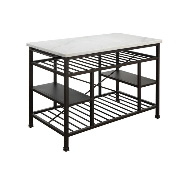 Marble Top Metal Kitchen Island with 2 Slated Shelves, Brown and White - BM214990