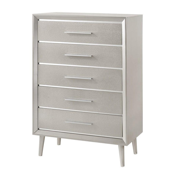 5 Drawer Contemporary Chest with Bar Handles and Splayed Legs, Silver - BM215528