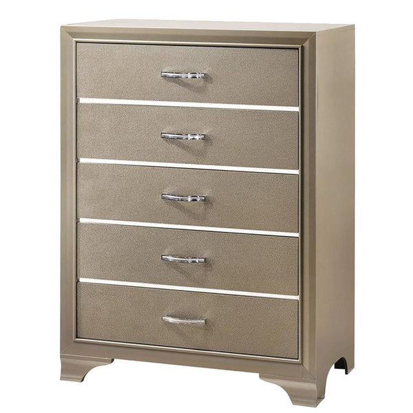 Five Drawer Wooden Chest with Polished Metallic Pulls, Champagne Gold - BM215532