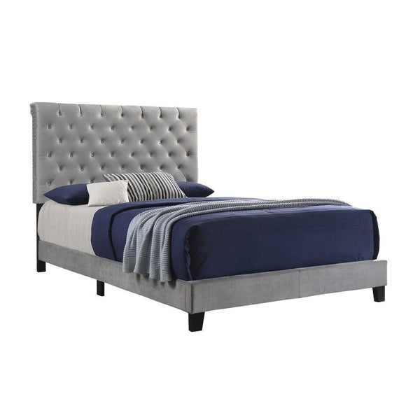 Fabric Upholstered Eastern King Bed with Scroll Headboard Design, Gray - BM215879
