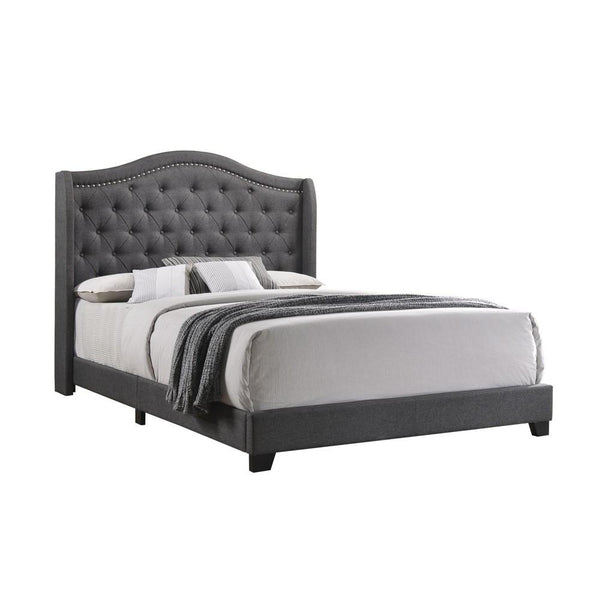 Fabric Upholstered Wooden Demi Wing Queen Bed with Camelback Headboard,Gray - BM215895