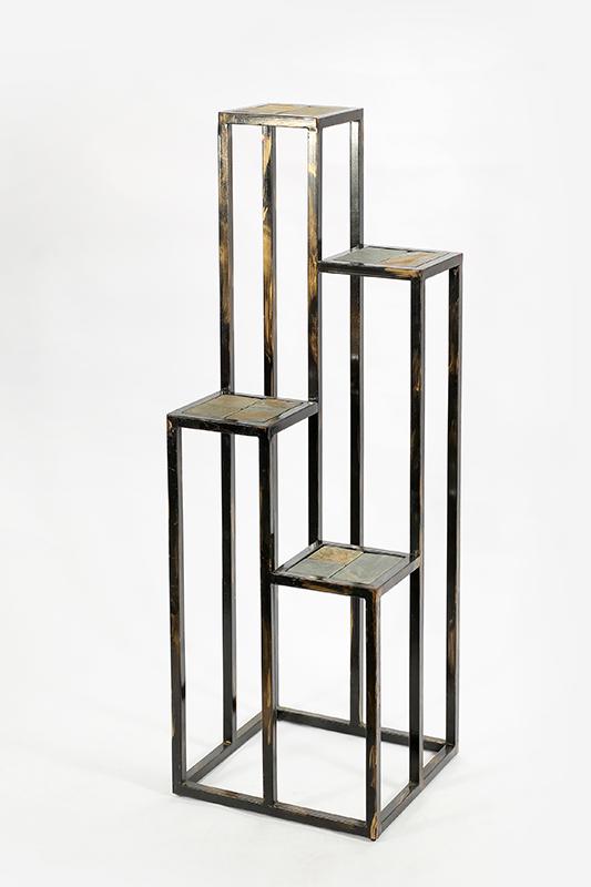 4 Tier Cast Iron Frame Plant Stand with Stone Topping, Black and Gold - BM216737