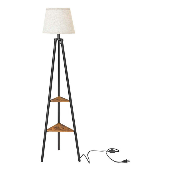 Tapered Drum Shade Floor Lamp with 2 Open Shelves, White and Black - BM217116