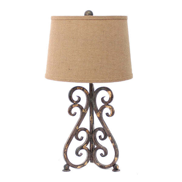 Metal Table Lamp with Scroll Design Base and 2 Way Switch,Bronze and Beige - BM217252