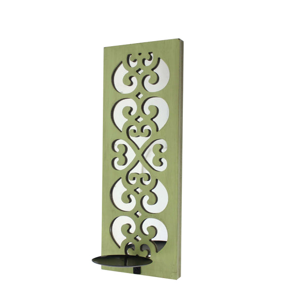 Quatrefoil Pattern Wooden Candle holder with Mirror Insert, Green - BM218402