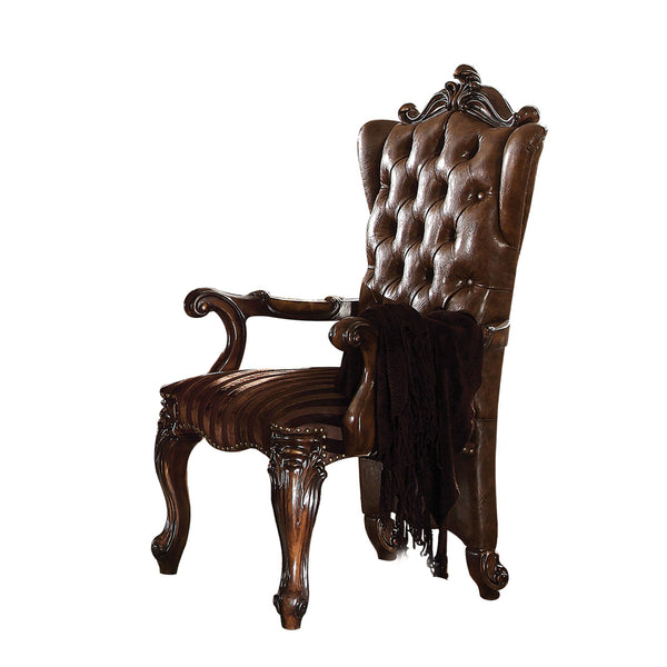 Wooden Arm Chair with Button Tufted Backrest and Carved Details, Set of 2, Brown - BM218506