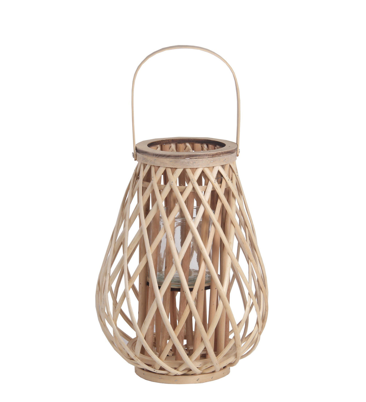 Bellied Bamboo Lantern with Lattice Design and Handle, Medium, Brown - BM218637