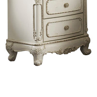 3 Drawer Nightstand with Floral Motif Carving Details, Antique White and Brown - BM219789