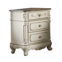 3 Drawer Nightstand with Floral Motif Carving Details, Antique White and Brown - BM219789
