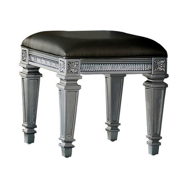 Wooden Vanity Stool wit Leatherette Seat and Faux Crystal Accents, Gray - BM220011