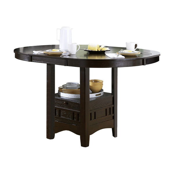 Oval Wooden Counter Height Table with Extension Leaf and Open Shelf, Brown - BM220097