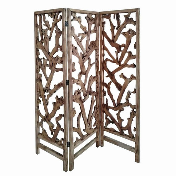 72 Inch 3 Panel Screen Divider, Rustic, Mulberry Branch Design, Brown - BM220198