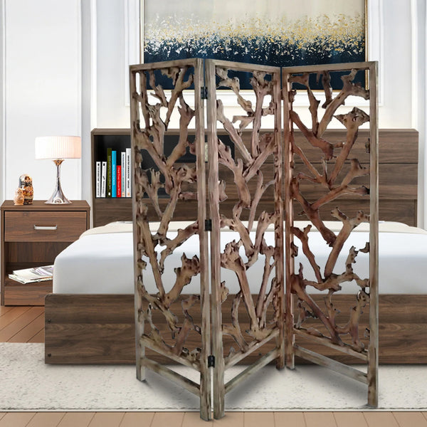 72 Inch 3 Panel Screen Divider, Rustic, Mulberry Branch Design, Brown - BM220198