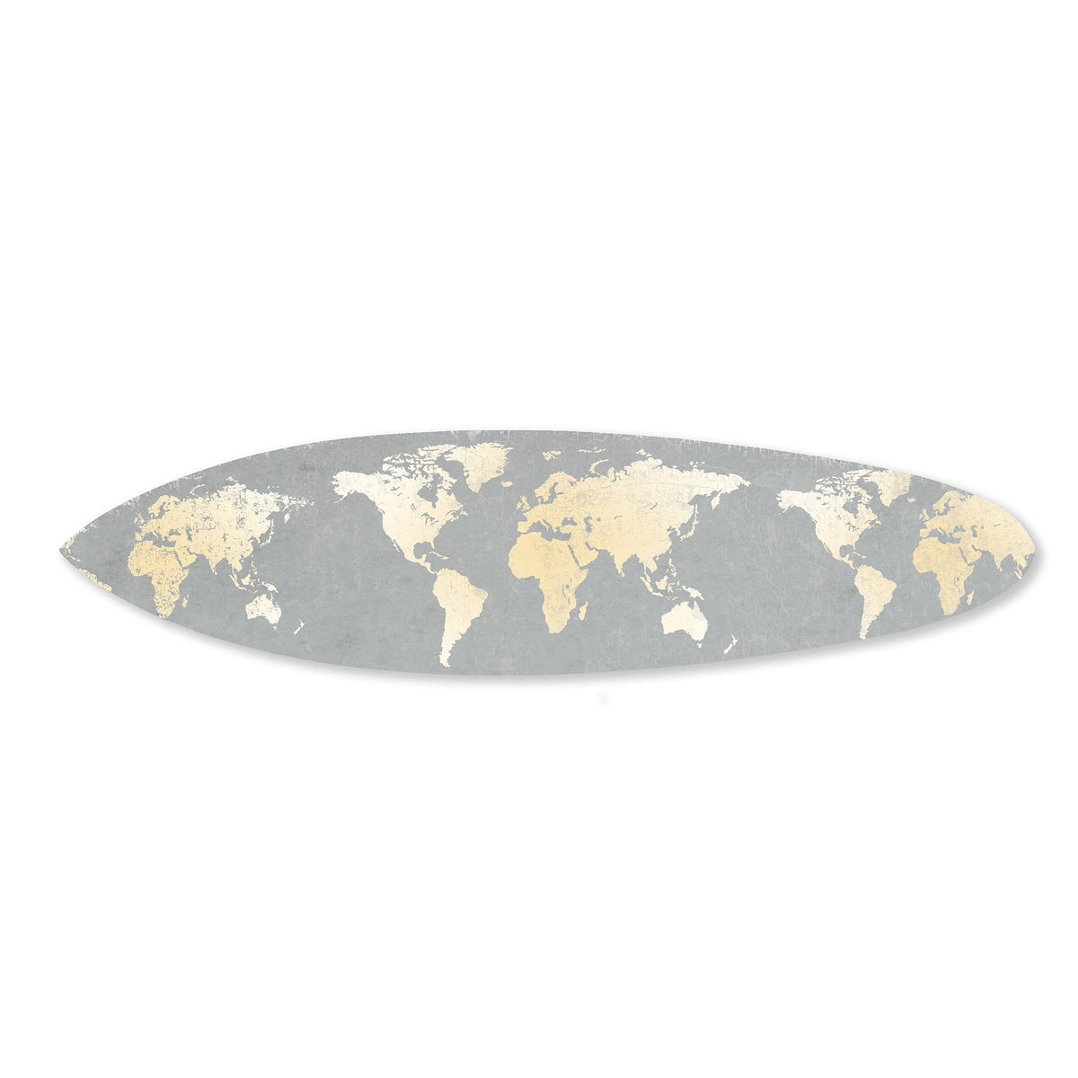 Wooden Surfboard Wall Art with World Map Print, Gray and White - BM220210