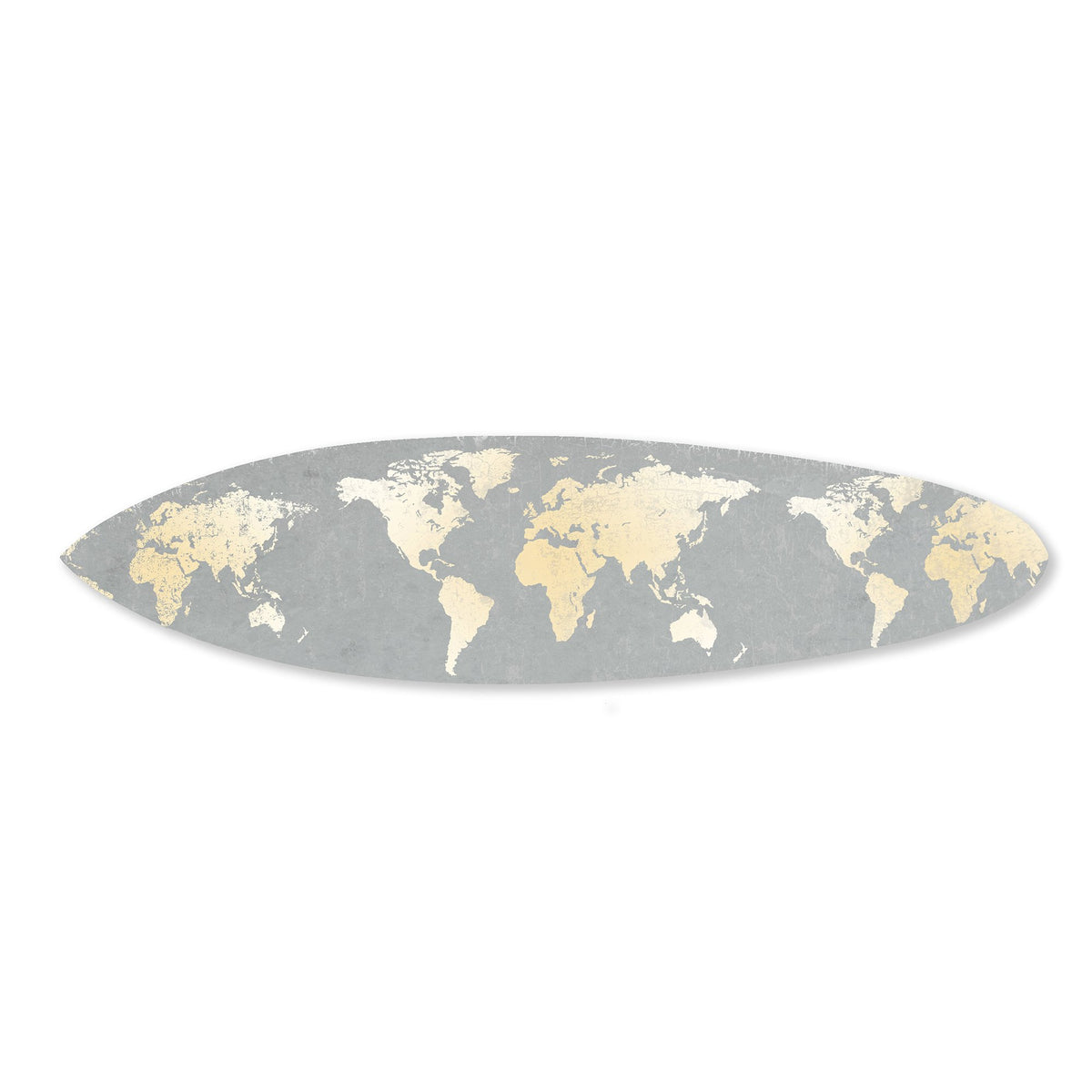 Wooden Surfboard Wall Art with World Map Print, Gray and White - BM220210
