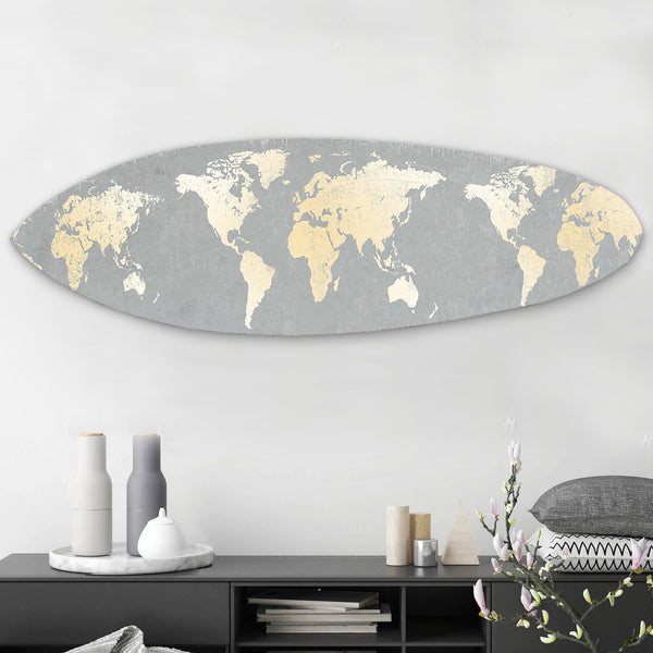Wooden Surfboard Wall Art with World Map Print, Gray and White - BM220210