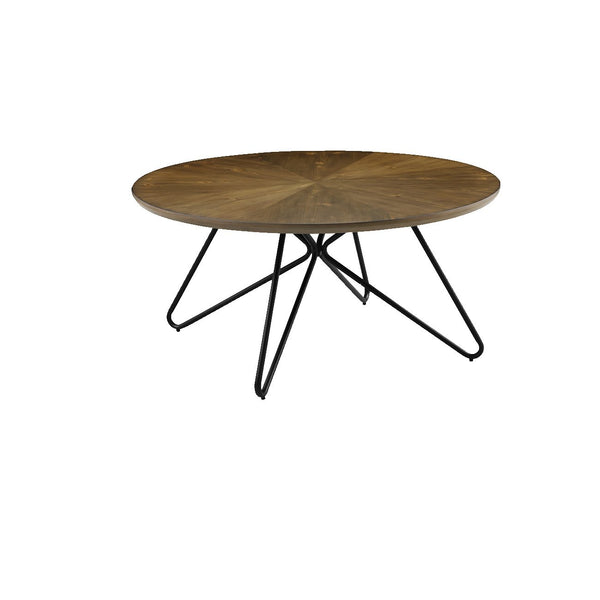 Dual Tone Round Wooden Coffee Table with Metal Hairpin Legs,Brown and Black - BM220246