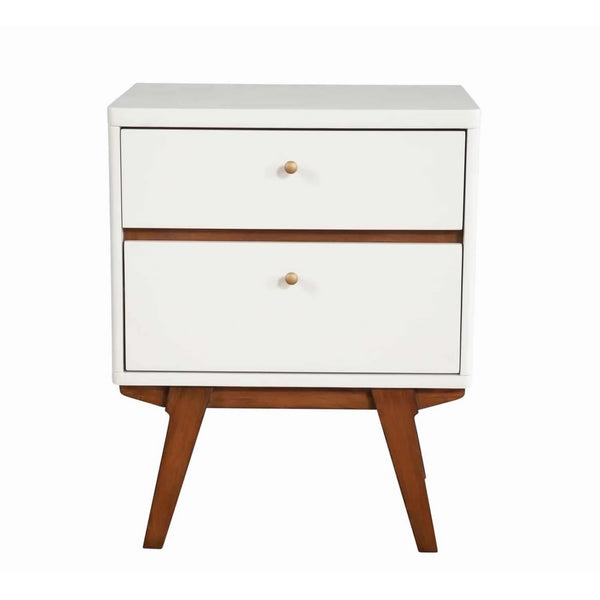 2 Drawer Wooden Nightstand with Angled Legs, White and Brown - BM220496
