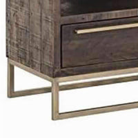 3 Drawer TV Console with Sled Base and 3 Open Compartments, Brown and Gold - BM220533