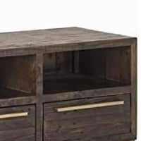 3 Drawer TV Console with Sled Base and 3 Open Compartments, Brown and Gold - BM220533
