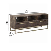 3 Drawer TV Console with Sled Base and 3 Open Compartments, Brown and Gold - BM220533